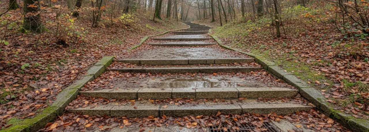 Bladeren worden glad wanneer ze nat blijven liggen op hellingen, trappen en toegangswegen.